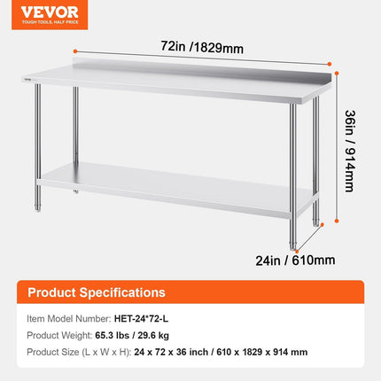 24 x 72 x 36 Inch Stainless Steel Work Table, Commercial Food Prep Worktable Heavy Duty Prep Worktable, Metal Work Table with Adjustable Height for Restaurant, Home and Hotel.