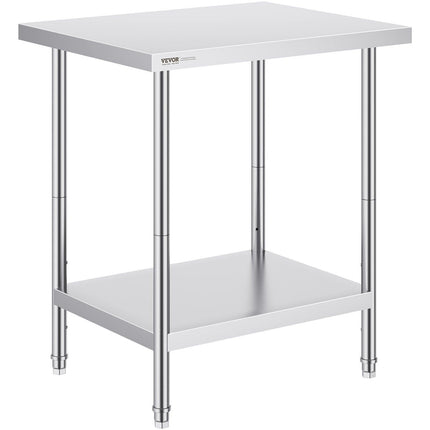 Stainless Steel Prep Table, 24 x 30 x 34 Inch, Heavy Duty Metal Worktable with 3 Adjustable Height Levels, Commercial Workstation for Kitchen Garage Restaurant Backyard.