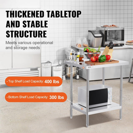 Stainless Steel Prep Table, 24 x 30 x 34 Inch, Heavy Duty Metal Worktable with 3 Adjustable Height Levels, Commercial Workstation for Kitchen Garage Restaurant Backyard.