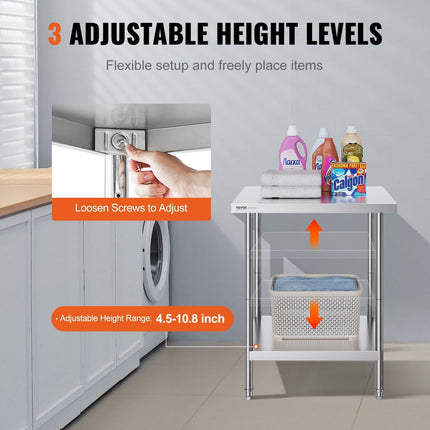 Stainless Steel Prep Table, 24 x 30 x 34 Inch, Heavy Duty Metal Worktable with 3 Adjustable Height Levels, Commercial Workstation for Kitchen Garage Restaurant Backyard.