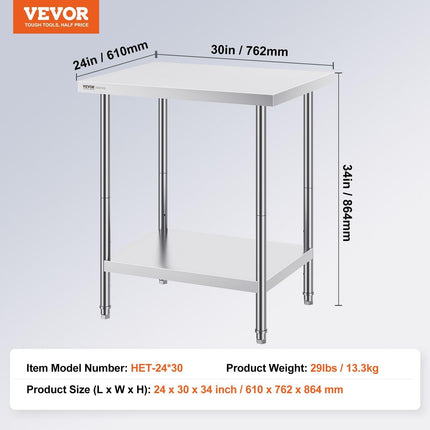 Stainless Steel Prep Table, 24 x 30 x 34 Inch, Heavy Duty Metal Worktable with 3 Adjustable Height Levels, Commercial Workstation for Kitchen Garage Restaurant Backyard.
