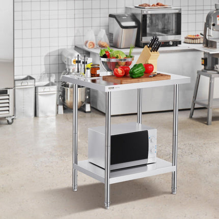 Stainless Steel Prep Table, 24 x 30 x 34 Inch, Heavy Duty Metal Worktable with 3 Adjustable Height Levels, Commercial Workstation for Kitchen Garage Restaurant Backyard.