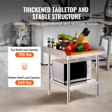 Stainless Steel Work Table, 24 x 24 x 26 Inch Commercial Food Prep Worktable, 3-Sided Backsplash Heavy Duty Prep Worktable, Metal Work Table with Adjustable Height for Restaurant Home Hotel.