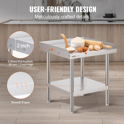 Stainless Steel Work Table, 24 x 24 x 26 Inch Commercial Food Prep Worktable, 3-Sided Backsplash Heavy Duty Prep Worktable, Metal Work Table with Adjustable Height for Restaurant Home Hotel.