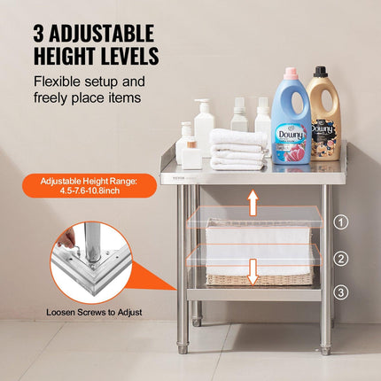 Stainless Steel Work Table, 24 x 24 x 26 Inch Commercial Food Prep Worktable, 3-Sided Backsplash Heavy Duty Prep Worktable, Metal Work Table with Adjustable Height for Restaurant Home Hotel.