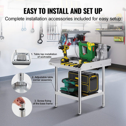 Stainless Steel Work Table, 24 x 24 x 26 Inch Commercial Food Prep Worktable, 3-Sided Backsplash Heavy Duty Prep Worktable, Metal Work Table with Adjustable Height for Restaurant Home Hotel.