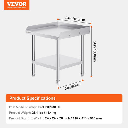 Stainless Steel Work Table, 24 x 24 x 26 Inch Commercial Food Prep Worktable, 3-Sided Backsplash Heavy Duty Prep Worktable, Metal Work Table with Adjustable Height for Restaurant Home Hotel.