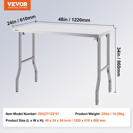 Stainless Steel Kitchen Bench Folding Commercial Prep Table 1220x610 mm.