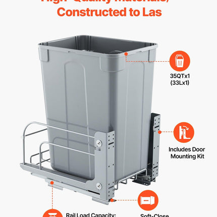 Pullout Trash Can for Kitchen Cabinets, Garbage Waste Recycling Bin, Under Mount Waste Container, with Heavy Duty Metal Soft Close Sliding System and Door Kit, for Sink, Under Counter.