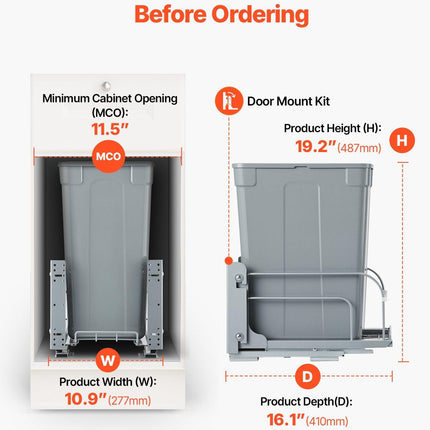 Pullout Trash Can for Kitchen Cabinets, Garbage Waste Recycling Bin, Under Mount Waste Container, with Heavy Duty Metal Soft Close Sliding System and Door Kit, for Sink, Under Counter.