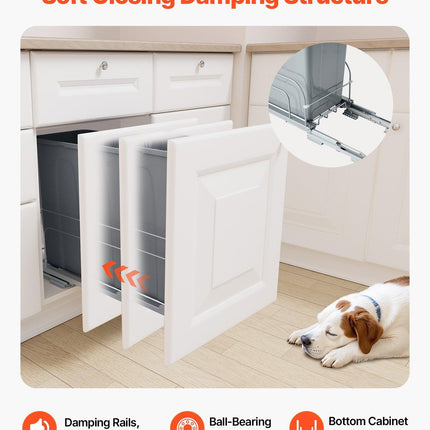 Pullout Trash Can for Kitchen Cabinets, Garbage Waste Recycling Bin, Under Mount Waste Container, with Heavy Duty Metal Soft Close Sliding System and Door Kit, for Sink, Under Counter.