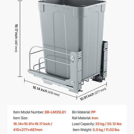 Pullout Trash Can for Kitchen Cabinets, Garbage Waste Recycling Bin, Under Mount Waste Container, with Heavy Duty Metal Soft Close Sliding System and Door Kit, for Sink, Under Counter.
