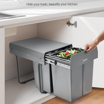 Pullout Trash Can for Kitchen Cabinets, 20+10+10L Double Under Sink Garbage Waste Recycling Bin, Under Mount Waste Container, with Heavy Duty Metal Full Extension Sliding System and Handle.