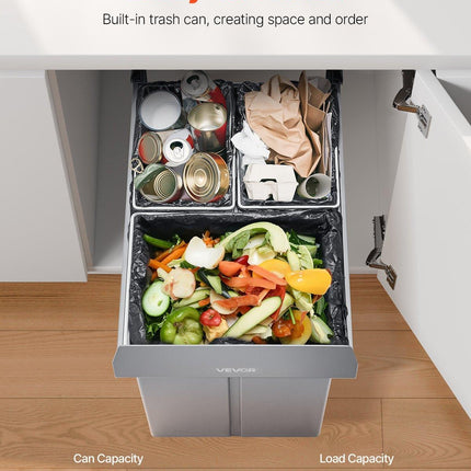Pullout Trash Can for Kitchen Cabinets, 20+10+10L Double Under Sink Garbage Waste Recycling Bin, Under Mount Waste Container, with Heavy Duty Metal Full Extension Sliding System and Handle.