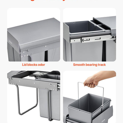Pullout Trash Can for Kitchen Cabinets, 20+10+10L Double Under Sink Garbage Waste Recycling Bin, Under Mount Waste Container, with Heavy Duty Metal Full Extension Sliding System and Handle.