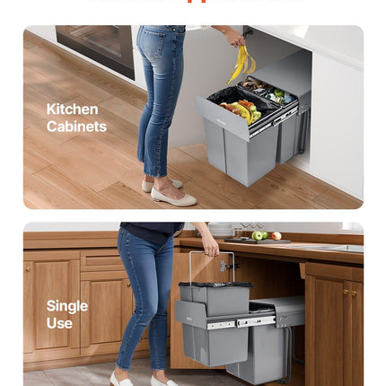 Pullout Trash Can for Kitchen Cabinets, 20+10+10L Double Under Sink Garbage Waste Recycling Bin, Under Mount Waste Container, with Heavy Duty Metal Full Extension Sliding System and Handle.