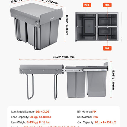Pullout Trash Can for Kitchen Cabinets, 20+10+10L Double Under Sink Garbage Waste Recycling Bin, Under Mount Waste Container, with Heavy Duty Metal Full Extension Sliding System and Handle.