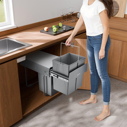Pullout Trash Can for Kitchen Cabinets, 20+10+10L Double Under Sink Garbage Waste Recycling Bin, Under Mount Waste Container, with Heavy Duty Metal Full Extension Sliding System and Handle.