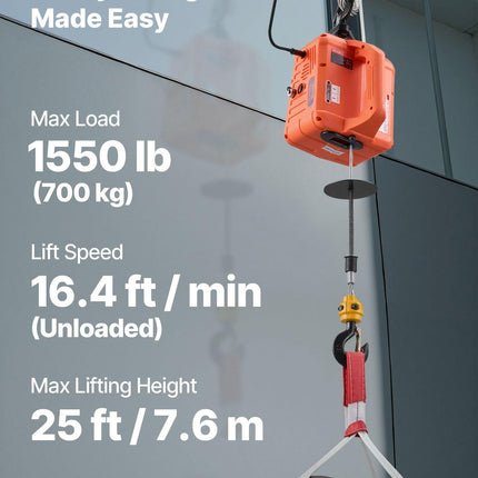3-in-1 Electric Hoist Winch, 700 kg Capacity, 1500W Portable Power Winch Crane, 7.6 m Lifting Height, 5 m/min with Manual, Wired and Wireless Remote Control for Factory, Warehouss, Garage.