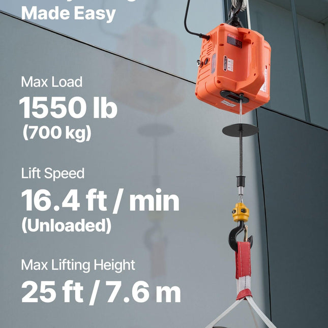 3-in-1 Electric Hoist Winch, 700 kg Capacity, 1500W Portable Power Winch Crane, 7.6 m Lifting Height, 5 m/min with Manual, Wired and Wireless Remote Control for Factory, Warehouss, Garage.