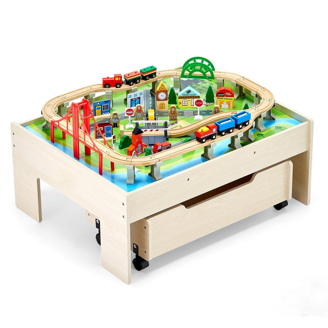 Train Table 100 PCS Wooden Kids Activity Table with Rolling Storage Drawer.