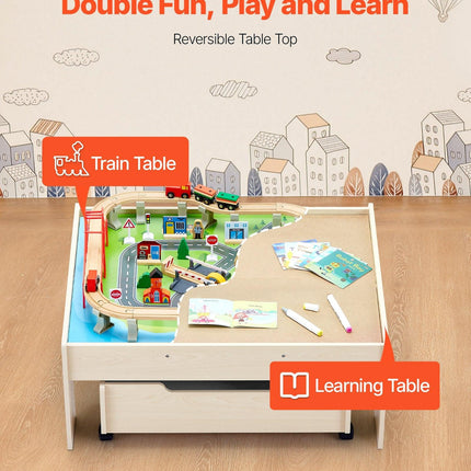 Train Table 100 PCS Wooden Kids Activity Table with Rolling Storage Drawer.