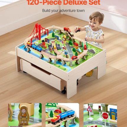 Train Table 100 PCS Wooden Kids Activity Table with Rolling Storage Drawer.