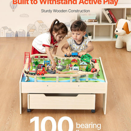 Train Table 100 PCS Wooden Kids Activity Table with Rolling Storage Drawer.