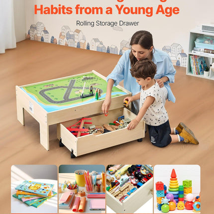 Train Table 100 PCS Wooden Kids Activity Table with Rolling Storage Drawer.