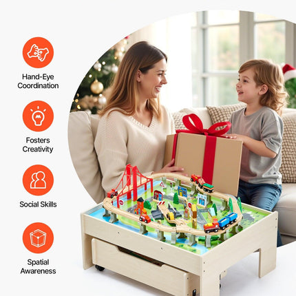 Train Table 100 PCS Wooden Kids Activity Table with Rolling Storage Drawer.