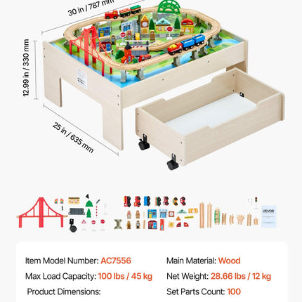 Train Table 100 PCS Wooden Kids Activity Table with Rolling Storage Drawer.