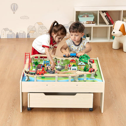 Train Table 100 PCS Wooden Kids Activity Table with Rolling Storage Drawer.