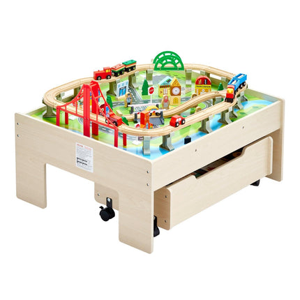 Train Table 100 PCS Wooden Kids Activity Table with Rolling Storage Drawer.