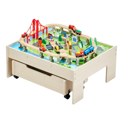 Train Table 100 PCS Wooden Kids Activity Table with Rolling Storage Drawer.