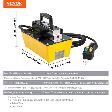 10,000PSI Air Hydraulic Pump, 2.3 L Reservoir, NPT 3/8 In Oil Outlet, NPT 1/4 In Inlet, Air Actuated Foot Pump with Remote Control Actuator, for Automobile Frame Machine & Hydraulic Press.