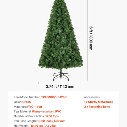 Christmas Tree, 1.8m Artificial Xmas Tree, Full Holiday Decor Trees with 1250 Branch Tips & Sturdy Metal Base for Home Party Office Decoration.