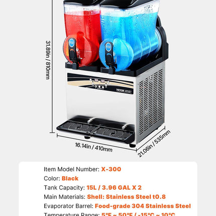 Commercial Frozen Drink Maker, 15Lx2 Double Tank Slushy Machine, 120 Cups Stainless Steel Margarita Smoothie Frozen Drink Machine, Slushie Maker for Home Party Restaurants Cafe Bars.