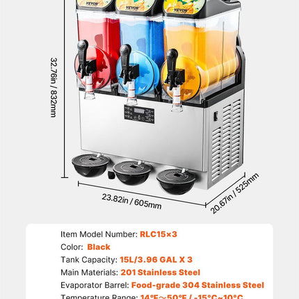 Commercial Frozen Drink Maker, 15Lx3 Triple Tank Slushy Machine, 180 Cups Stainless Steel Margarita Smoothie Frozen Drink Machine, Slushie Maker for Home Party Restaurants Cafe Bars.