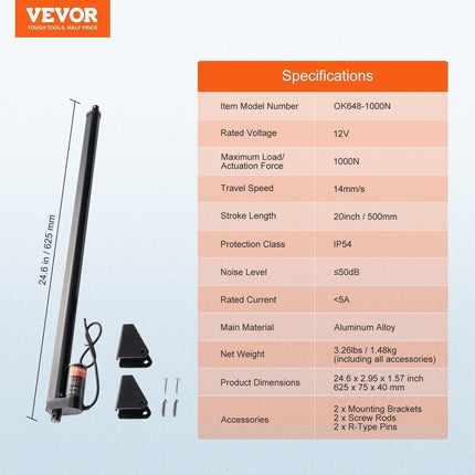 Linear Actuator 12V, 20 Inch High Speed 0.55"/s Linear Actuator, 220lbs/1000N Linear Motion Actuator with Mounting Bracket and IP54 Protection.