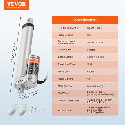 Linear Actuator 12V 6Inch 0.55"/s High Speed 220lbs/1000N IP54 Protection.
