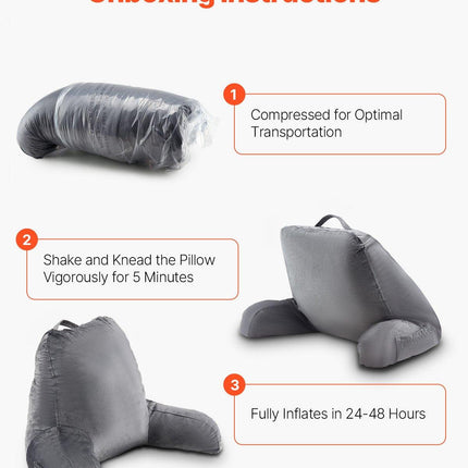 Reading Pillow, Large Size Bed Pillow with Shredded Memory Foam, Back Pillow with 3 Pockets and Washable Short Velvet Cloth, Top with Handle, for Watching TV, Reading, Gaming, Resting, Grey.