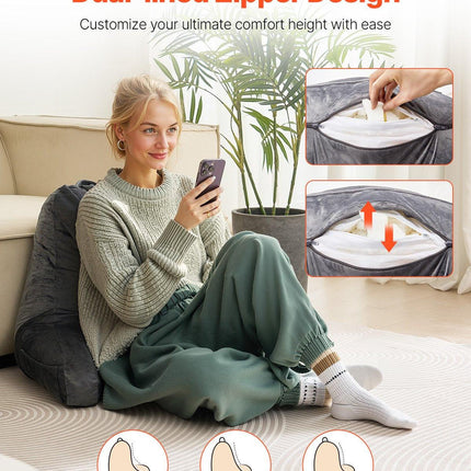 Reading Pillow, Large Size Bed Pillow with Shredded Memory Foam, Back Pillow with 3 Pockets and Washable Short Velvet Cloth, Top with Handle, for Watching TV, Reading, Gaming, Resting, Grey.