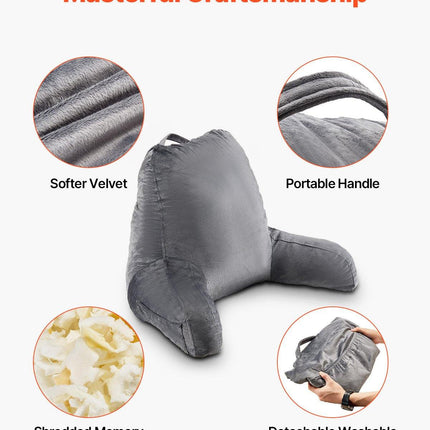 Reading Pillow, Large Size Bed Pillow with Shredded Memory Foam, Back Pillow with 3 Pockets and Washable Short Velvet Cloth, Top with Handle, for Watching TV, Reading, Gaming, Resting, Grey.