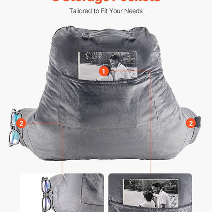 Reading Pillow, Large Size Bed Pillow with Shredded Memory Foam, Back Pillow with 3 Pockets and Washable Short Velvet Cloth, Top with Handle, for Watching TV, Reading, Gaming, Resting, Grey.
