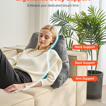 Reading Pillow, Large Size Bed Pillow with Shredded Memory Foam, Back Pillow with 3 Pockets and Washable Short Velvet Cloth, Top with Handle, for Watching TV, Reading, Gaming, Resting, Grey.