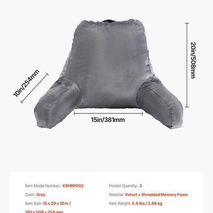 Reading Pillow, Large Size Bed Pillow with Shredded Memory Foam, Back Pillow with 3 Pockets and Washable Short Velvet Cloth, Top with Handle, for Watching TV, Reading, Gaming, Resting, Grey.