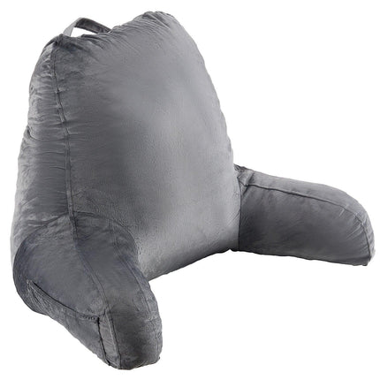 Reading Pillow, Large Size Bed Pillow with Shredded Memory Foam, Back Pillow with 3 Pockets and Washable Short Velvet Cloth, Top with Handle, for Watching TV, Reading, Gaming, Resting, Grey.