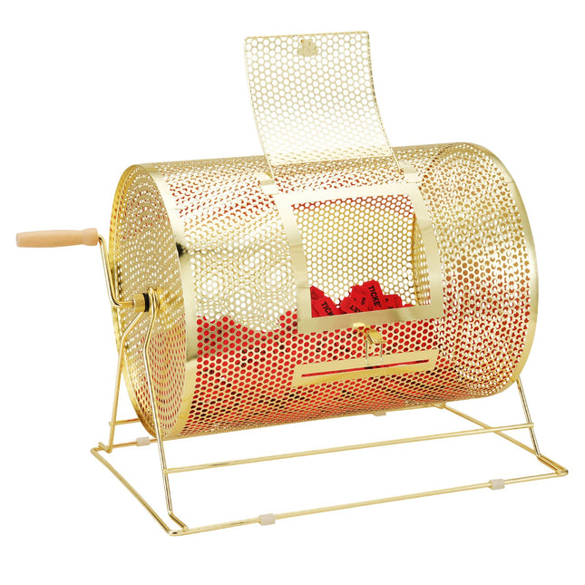 Raffle Drum, 16.1 x Ø12 inch Brass Plated Raffle Ticket Spinning Cage, Holds 5000 Tickets or 200 Ping Pong Balls, Metal Lottery Spinning Drawing with Wooden Turning Handle, for Bingo Ballot Part.