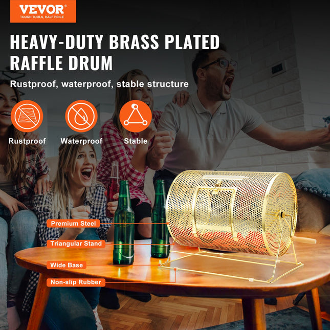 Raffle Drum, 16.1 x Ø12 inch Brass Plated Raffle Ticket Spinning Cage, Holds 5000 Tickets or 200 Ping Pong Balls, Metal Lottery Spinning Drawing with Wooden Turning Handle, for Bingo Ballot Part.