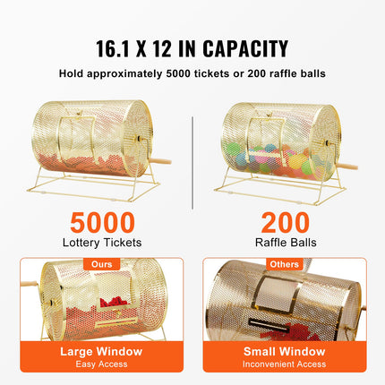 Raffle Drum, 16.1 x Ø12 inch Brass Plated Raffle Ticket Spinning Cage, Holds 5000 Tickets or 200 Ping Pong Balls, Metal Lottery Spinning Drawing with Wooden Turning Handle, for Bingo Ballot Part.